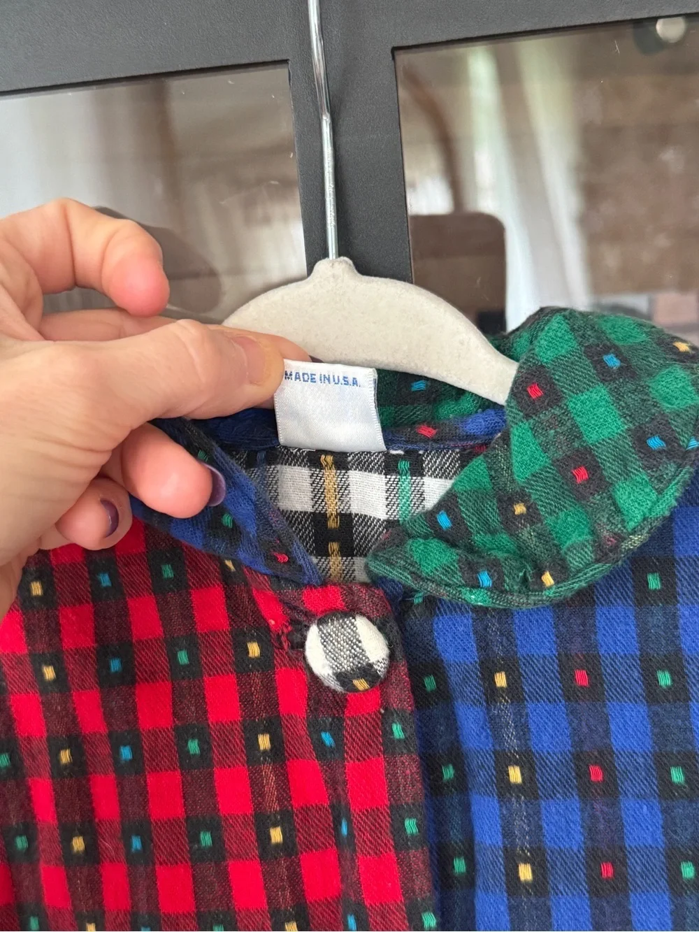 Vintage 90s gingham plaid patchwork applique flower long sleeve dress collar